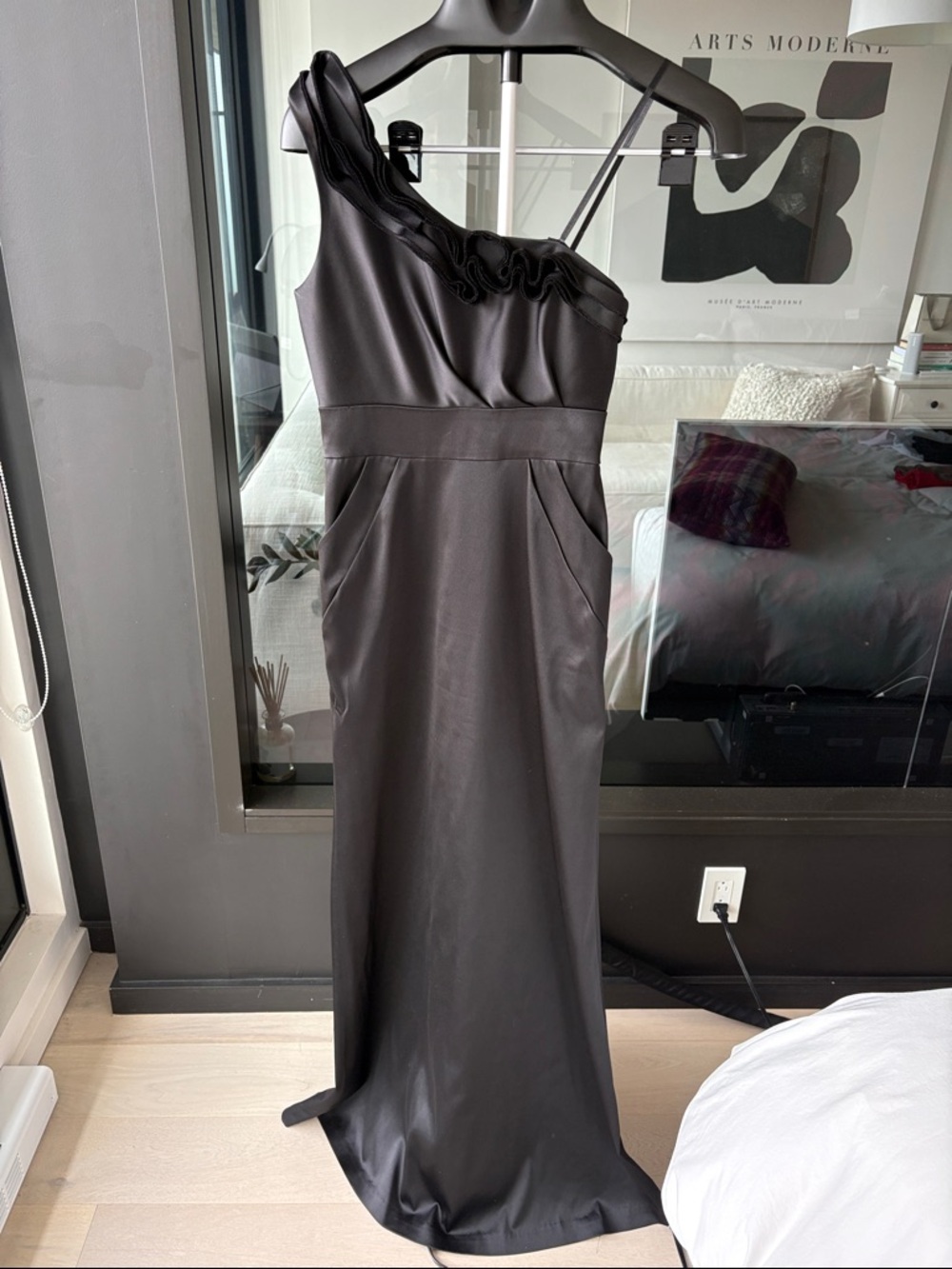 Max & Cleo One-Shoulder Black Evening Gown with Ruffle Detail